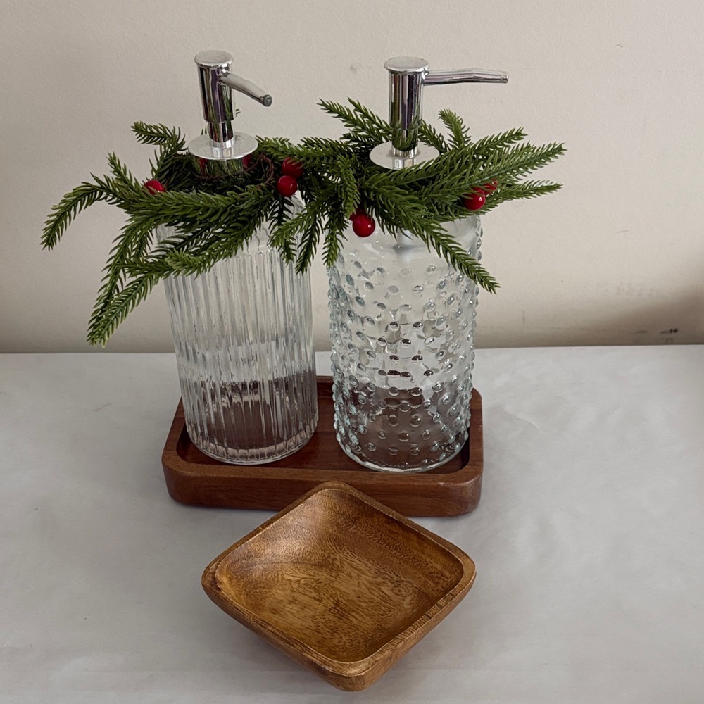 Threshold Glass Soap Dispenser Set acacia wood Tray trivet bowl Christmas